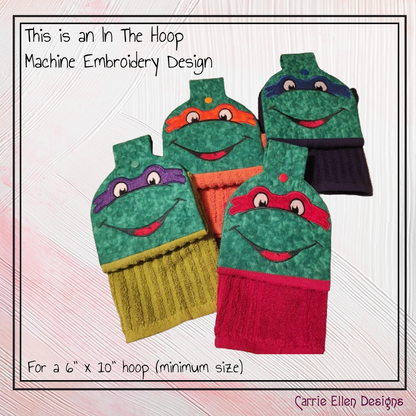 Ninja Turtle In The Hoop Towel Topper Machine Embroidery Design, ITH Turtle Cartoon Fan Favorite Character Towel Hanger (2558)