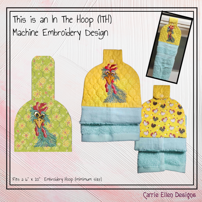 Whimsical Chicken ITH Towel Topper Machine Embroidery Design, Funny Farm Animal In The Hoop Towel Hanger (2566)