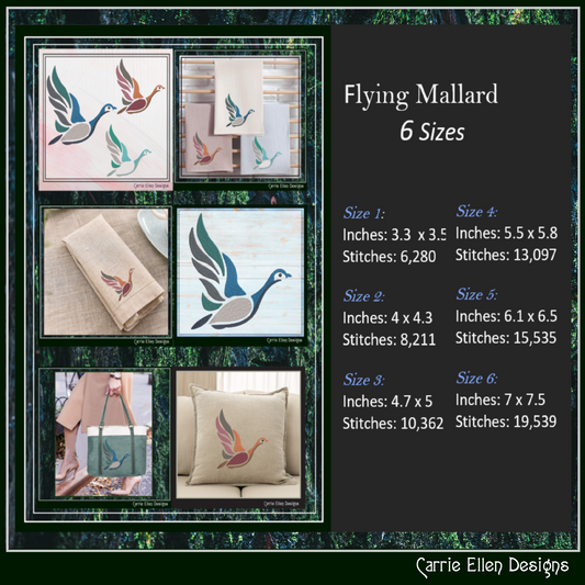 Flying Duck Machine Embroidery Design – Artistic Mallard Bird in Flight, 6 Sizes (2570)