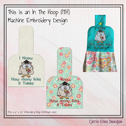 Iconic Mr Owl ITH Towel Topper Machine Embroidery Design Saying, Nostalgic How Many Licks In The Hoop Towel Holder (2572)