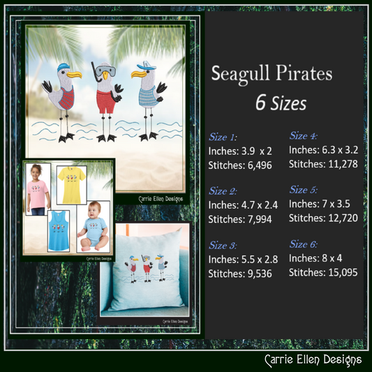 Seagull Machine Embroidery Design, Pirate Birds Embroidery Pattern, Seagull Pirate Beach Design, 6 Sizes (2577)