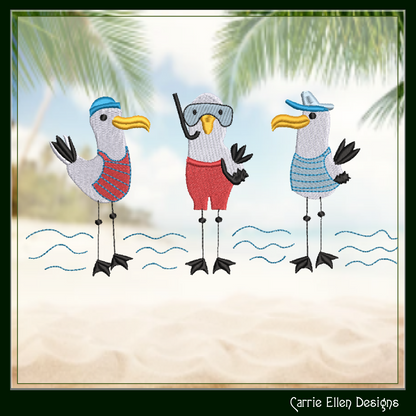 Seagull Machine Embroidery Design, Pirate Birds Embroidery Pattern, Seagull Pirate Beach Design, 6 Sizes (2577)