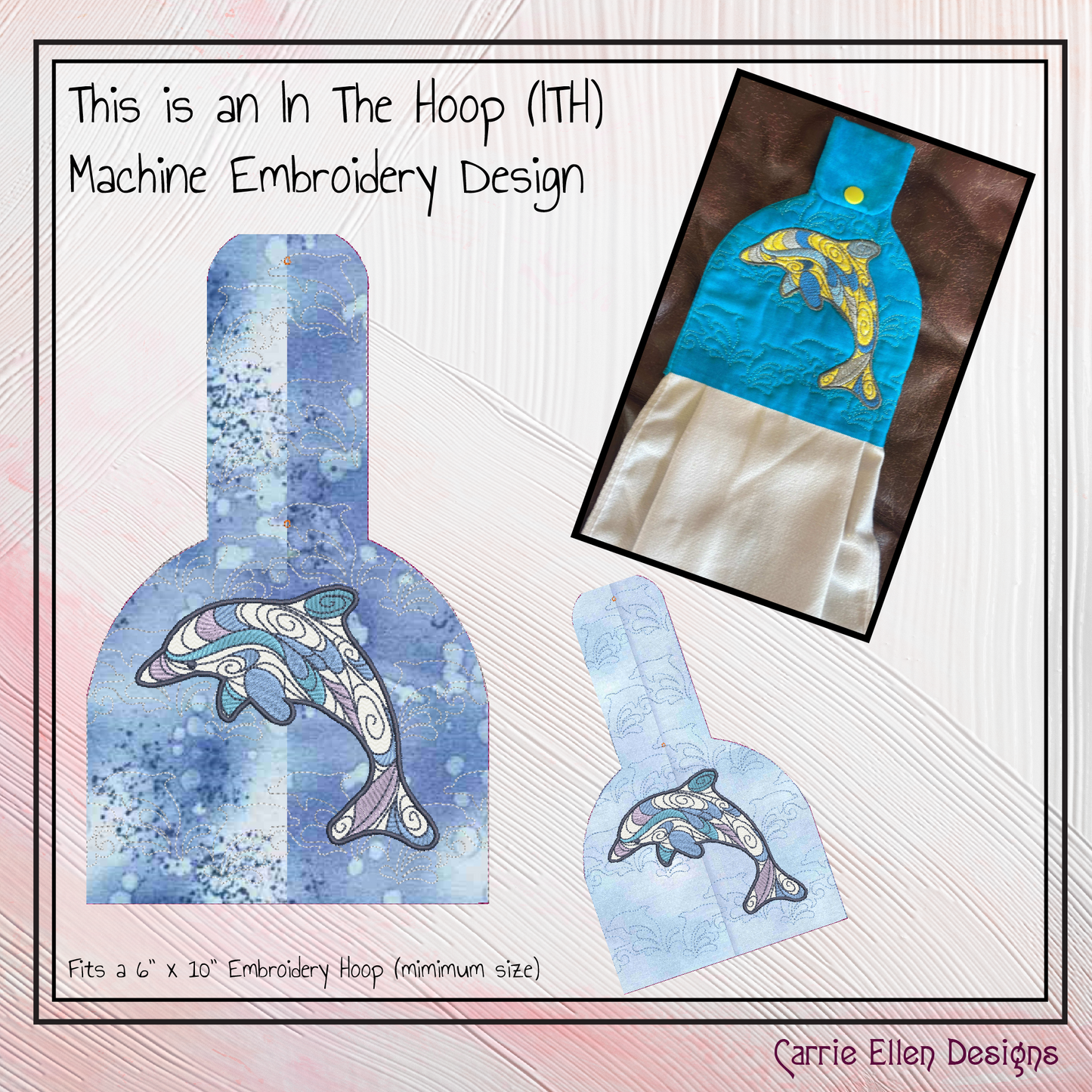 Artistic Dolphin Towel Topper Machine Embroidery Design, Marine Theme In The Hoop Towel Holder (2610)