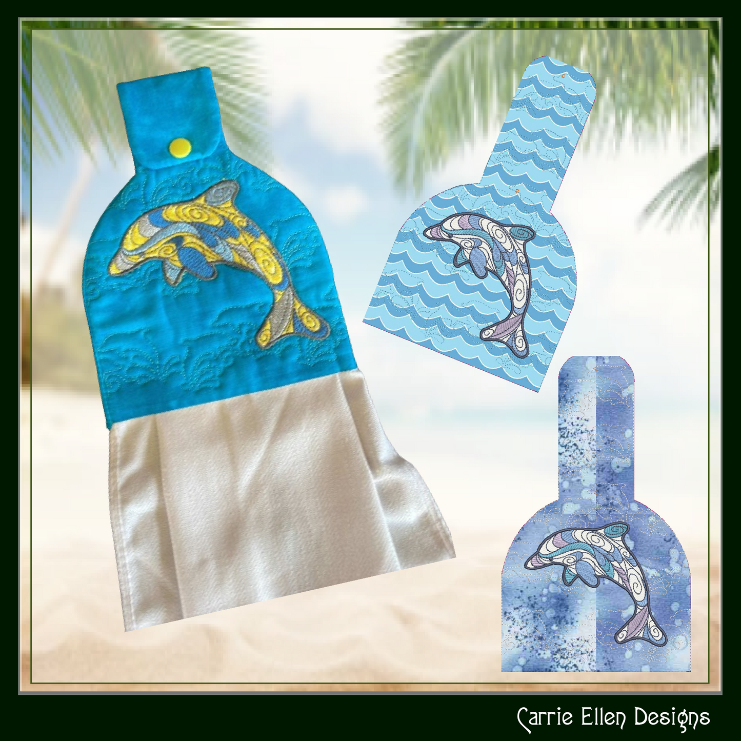 Artistic Dolphin Towel Topper Machine Embroidery Design, Marine Theme In The Hoop Towel Holder (2610)