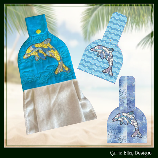 Artistic Dolphin Towel Topper Machine Embroidery Design, Marine Theme In The Hoop Towel Holder (2610)