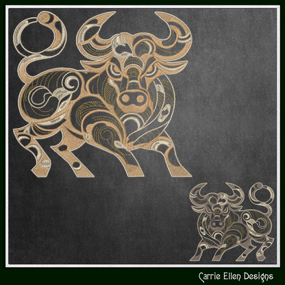 Bull Machine Embroidery Design, Artistic Horned Animal Pattern, Decorative Bull Cow, 6 Sizes (2619)
