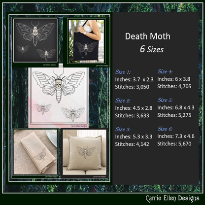Death Moth Machine Embroidery Design – Gothic Skull Moth Pattern, Dark Aesthetic Stitch File, 6 Sizes (2624)