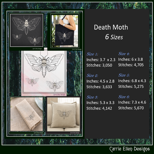 Death Moth Machine Embroidery Design – Gothic Skull Moth Pattern, Dark Aesthetic Stitch File, 6 Sizes (2624)