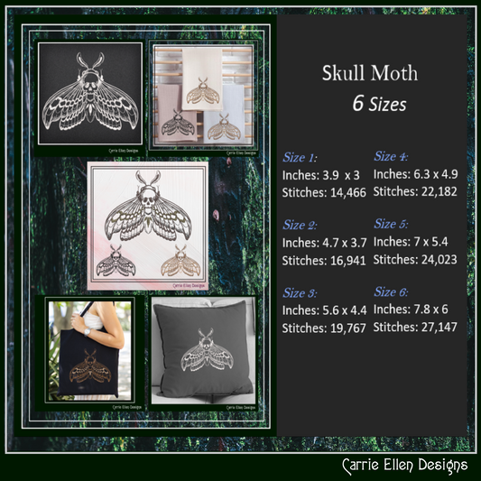 Skull Moth Machine Embroidery Design – Gothic Skull Moth Pattern, Dark Aesthetic Stitch File, 6 Sizes (2633)