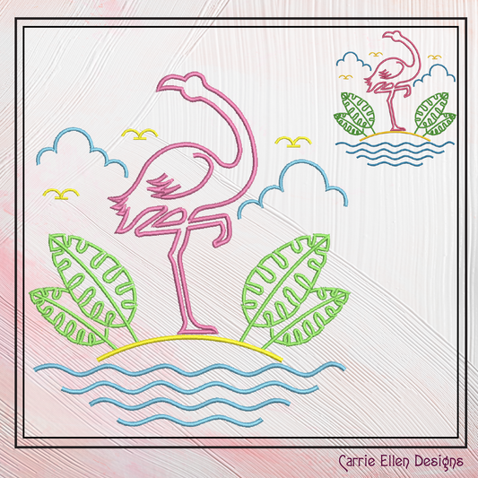 Flamingo Island Scene Machine Embroidery Design | Tropical Beach Bird Pattern, 6 Sizes (2634)