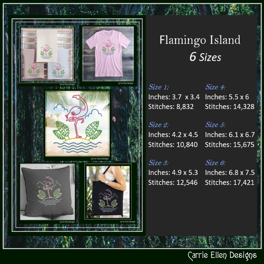 Flamingo Island Scene Machine Embroidery Design | Tropical Beach Bird Pattern, 6 Sizes (2634)