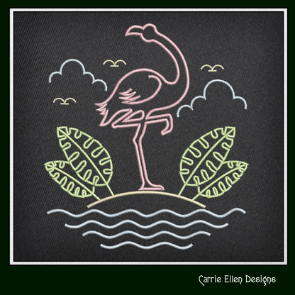 Flamingo Island Scene Machine Embroidery Design | Tropical Beach Bird Pattern, 6 Sizes (2634)