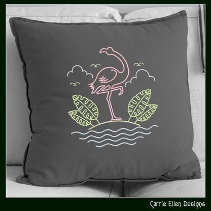 Flamingo Island Scene Machine Embroidery Design | Tropical Beach Bird Pattern, 6 Sizes (2634)