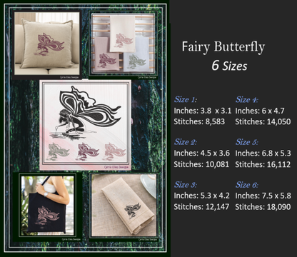 Fairy with Butterfly Wings Artistic Machine Embroidery Design | Fantasy Embroidery Pattern, 6 Sizes (2636)