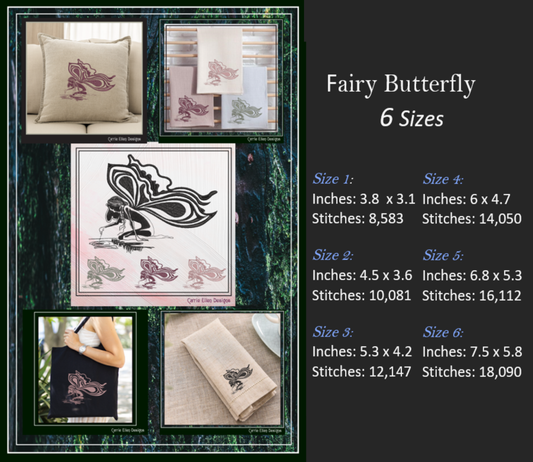 Fairy with Butterfly Wings Artistic Machine Embroidery Design | Fantasy Embroidery Pattern, 6 Sizes (2636)