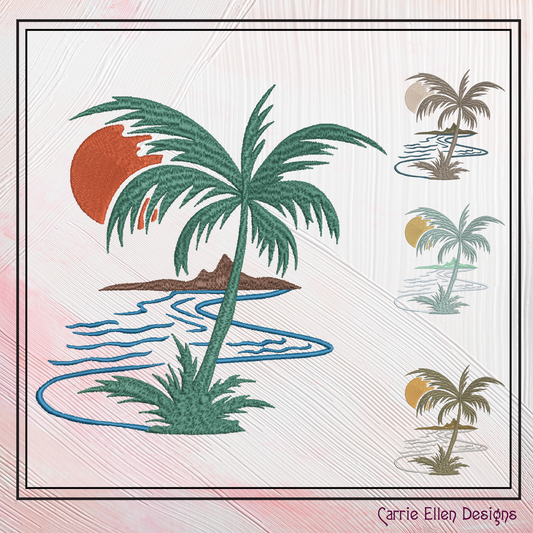 Palm Tree Sunset Machine Embroidery Design | Tropical Island Landscape | Beach Embroidery Pattern, 6 Sizes (2638)