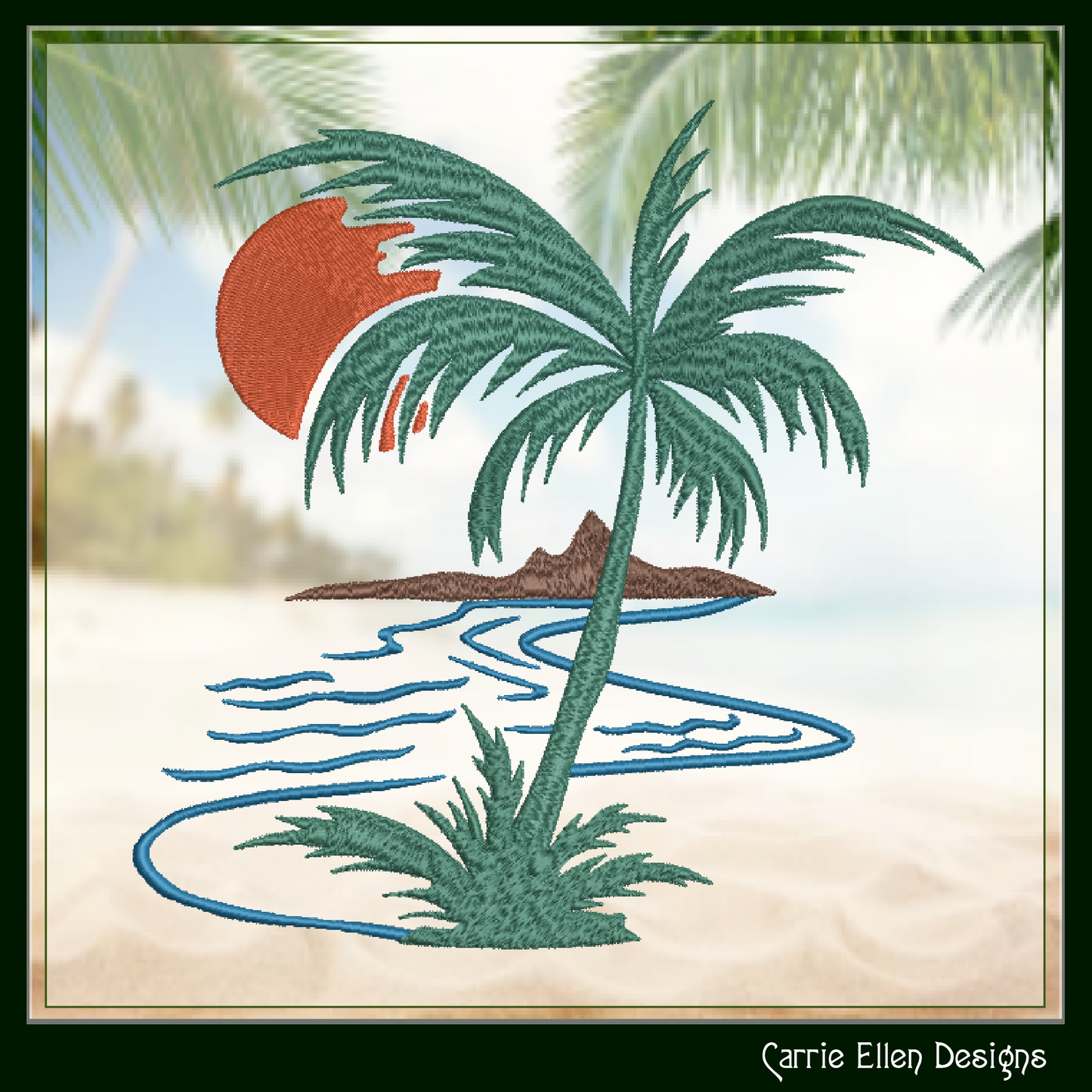 Palm Tree Sunset Machine Embroidery Design | Tropical Island Landscape | Beach Embroidery Pattern, 6 Sizes (2638)