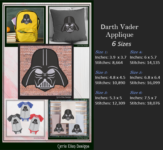 Darth Vader Helmet Applique Machine Embroidery Design – Star Wars Inspired Applique Pattern, 6 Sizes (2639)