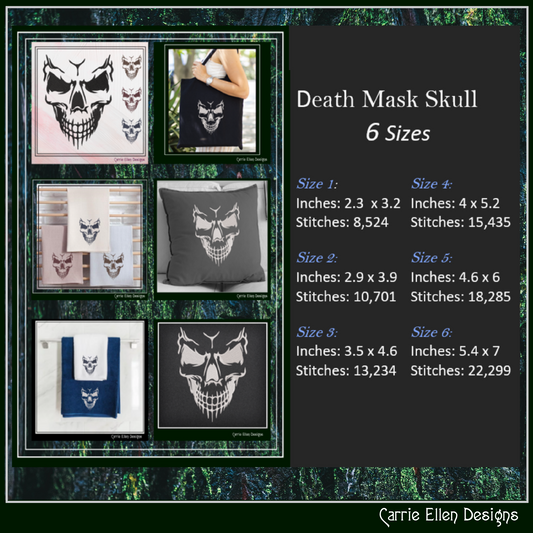 Skull Death Mask Machine Embroidery Design – Gothic Halloween Skull Pattern, 6 Sizes (2645)