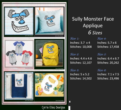 Sully Monster Character Face Applique Machine Embroidery Design | Fun Kids Stitch File, 6 sizes (2663)
