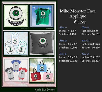 Mike Monster Character Face Applique Machine Embroidery Design | Fun Kids Stitch File, 6 sizes (2664)