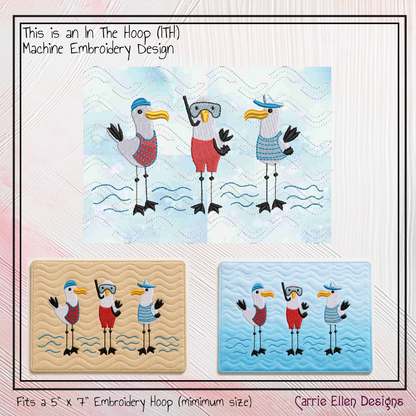 Beach Seagull Trio ITH Mug Rug Machine Embroidery Design | Coastal Seabird Mug Rug | In The Hoop Beach Decor Embroidery Pattern (2666)