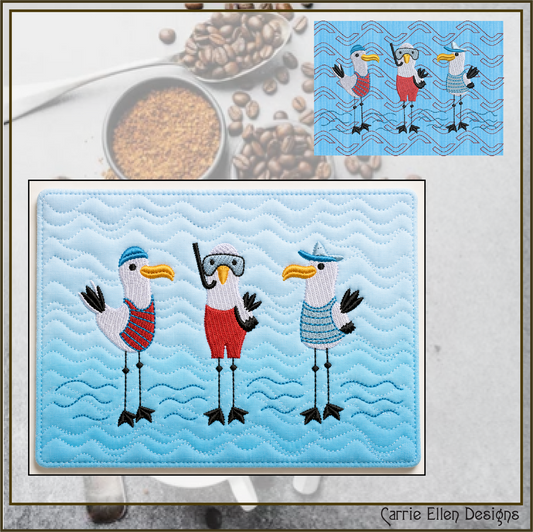 Beach Seagull Trio ITH Mug Rug Machine Embroidery Design | Coastal Seabird Mug Rug | In The Hoop Beach Decor Embroidery Pattern (2666)