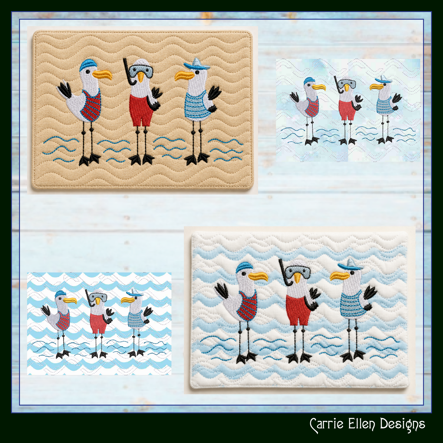 Beach Seagull Trio ITH Mug Rug Machine Embroidery Design | Coastal Seabird Mug Rug | In The Hoop Beach Decor Embroidery Pattern (2666)