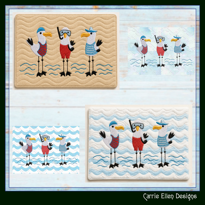Beach Seagull Trio ITH Mug Rug Machine Embroidery Design | Coastal Seabird Mug Rug | In The Hoop Beach Decor Embroidery Pattern (2666)
