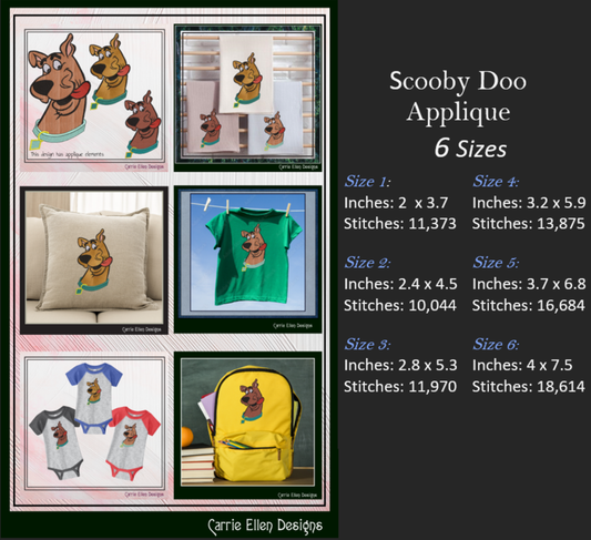 Scooby Doo Cartoon Dog Applique Machine Embroidery Design, Nostalgic Classic Dog Cartoon, 6 sizes (2693)