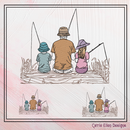 Father Son and Daughter Fishing Machine Embroidery Design, Father’s Day Design, Dad and Children Fishing on a Dock Sketch Embroidery, 6 Sizes (2699)