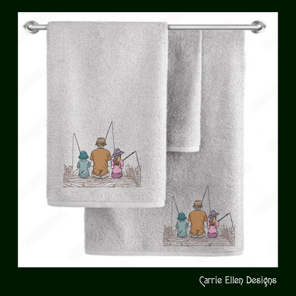 Father Son and Daughter Fishing Machine Embroidery Design, Father’s Day Design, Dad and Children Fishing on a Dock Sketch Embroidery, 6 Sizes (2699)
