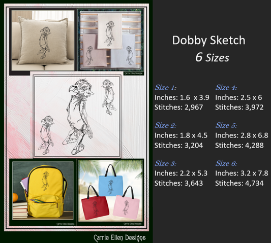 Dobby Machine Embroidery Sketch Design, Free Elf Design, Harry Potter House Elf Character, 6 Sizes (2705)