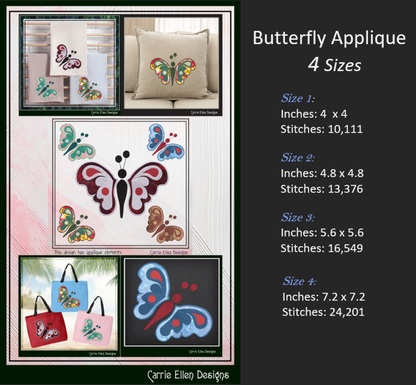 Butterfly Applique Machine Embroidery Design, Butterflies With Applique Element, Garden Insect Embroidery Designs, 4 Sizes (2707)