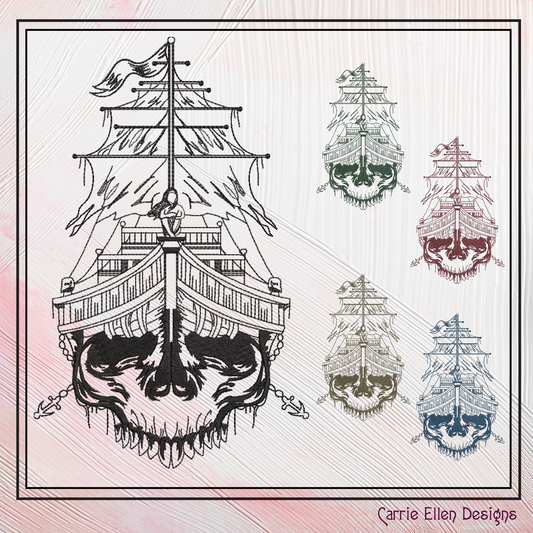 Ghost Ship Embroidery Sketch Design, Skull Pirate Ship Machine Embroidery Design, Halloween Line Art Embroidery, 6 Sizes (2712)