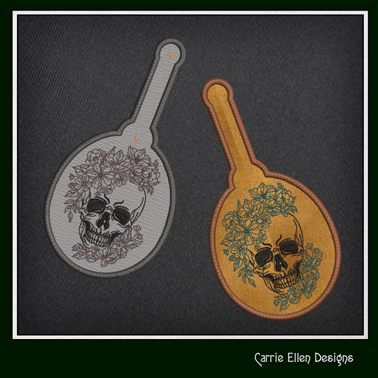 Floral Skull ITH Key Fob Machine Embroidery Design | Skeleton In-The-Hoop Key Tag Project (2714)