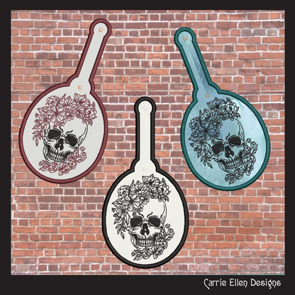 Floral Skull ITH Key Fob Machine Embroidery Design | Skeleton In-The-Hoop Key Tag Project (2714)
