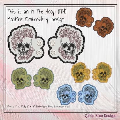 Skull ITH Machine Embroidery Shoe Wings – Floral Skeleton In The Hoop Shoe Charm Design – 4x4 and 5x7 Hoop Sizes (2715)
