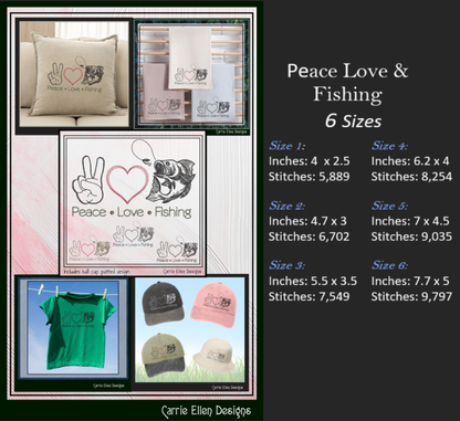 Fishing Machine Embroidery Design, Peace Love and Fishing Sayings and Quotes, Fishing Gift, 6 Sizes (2718)