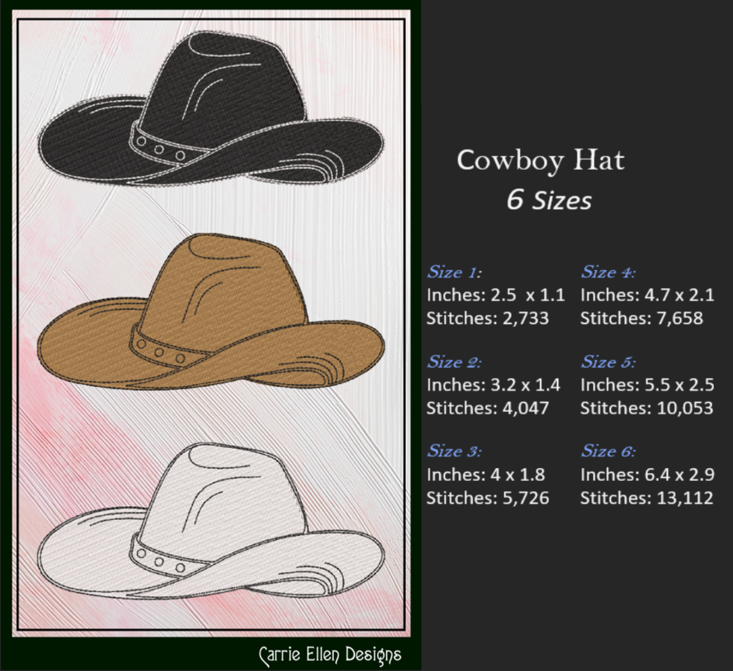 Cowboy Hat Machine Embroidery Design | Western Hat Embroidery File | Country Rodeo Ranch Stitch Pattern, 6 Sizes (2722)
