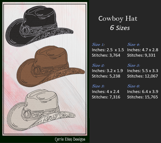 Cowboy Hat Machine Embroidery Design, Western Cowgirl Hat, Southern Charm Trendy Design, 6 Sizes (2723)