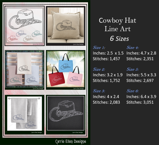 Cowboy Hat Machine Embroidery Design, Western Cowgirl Hat Line Art, Southern Charm Trendy Sketch, 6 Sizes (2724)