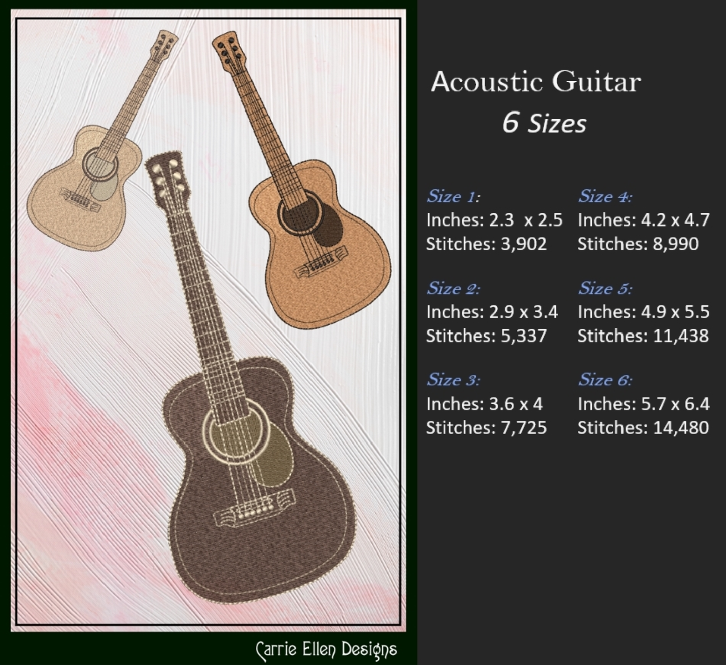 Acoustic Guitar Machine Embroidery Design | Country Music Guitar Embroidery File | Western Musical Instrument Stitch Pattern, 6 Sizes (2726)