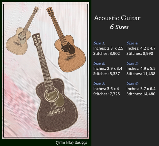 Acoustic Guitar Machine Embroidery Design | Country Music Guitar Embroidery File | Western Musical Instrument Stitch Pattern, 6 Sizes (2726)