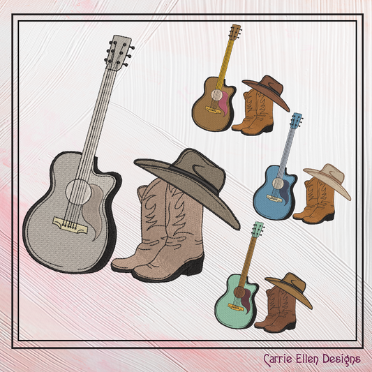 Cowboy Hat Boots & Guitar Machine Embroidery Design | Country Music Western Embroidery, 6 Sizes (2728)