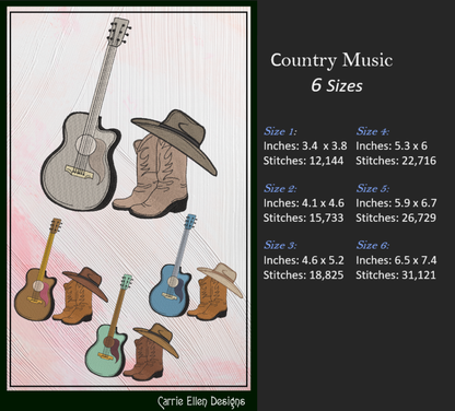 Cowboy Hat Boots & Guitar Machine Embroidery Design | Country Music Western Embroidery, 6 Sizes (2728)