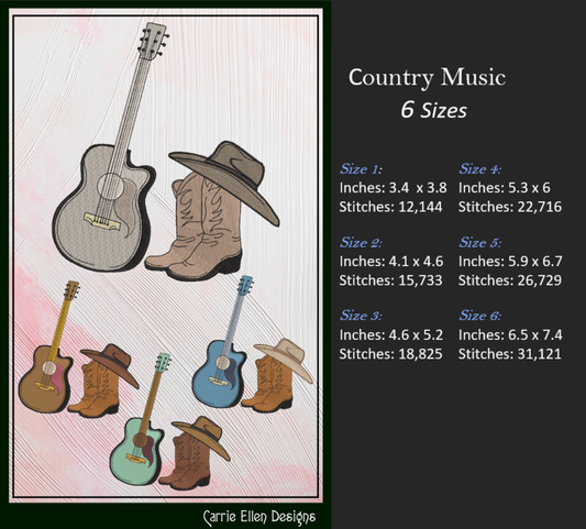 Cowboy Hat Boots & Guitar Machine Embroidery Design | Country Music Western Embroidery, 6 Sizes (2728)