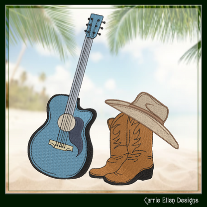 Cowboy Hat Boots & Guitar Machine Embroidery Design | Country Music Western Embroidery, 6 Sizes (2728)