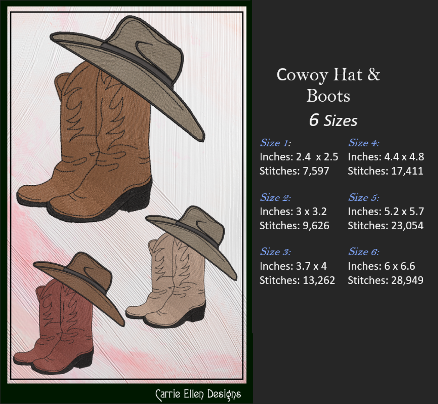 Cowboy Hat and Boots Machine Embroidery Design | Western Embroidery File | Country Cowboy Stitch Pattern | Rustic Ranch Decor, 6 Sizes (2729)