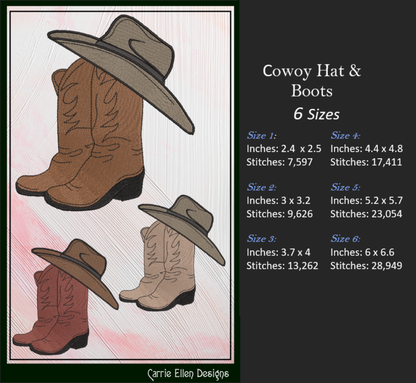 Cowboy Hat and Boots Machine Embroidery Design | Western Embroidery File | Country Cowboy Stitch Pattern | Rustic Ranch Decor, 6 Sizes (2729)